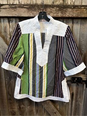 Tory Burch Multi-Stripe Cotton Tunic in White, Green, Yellow, Blue, Pink, Black